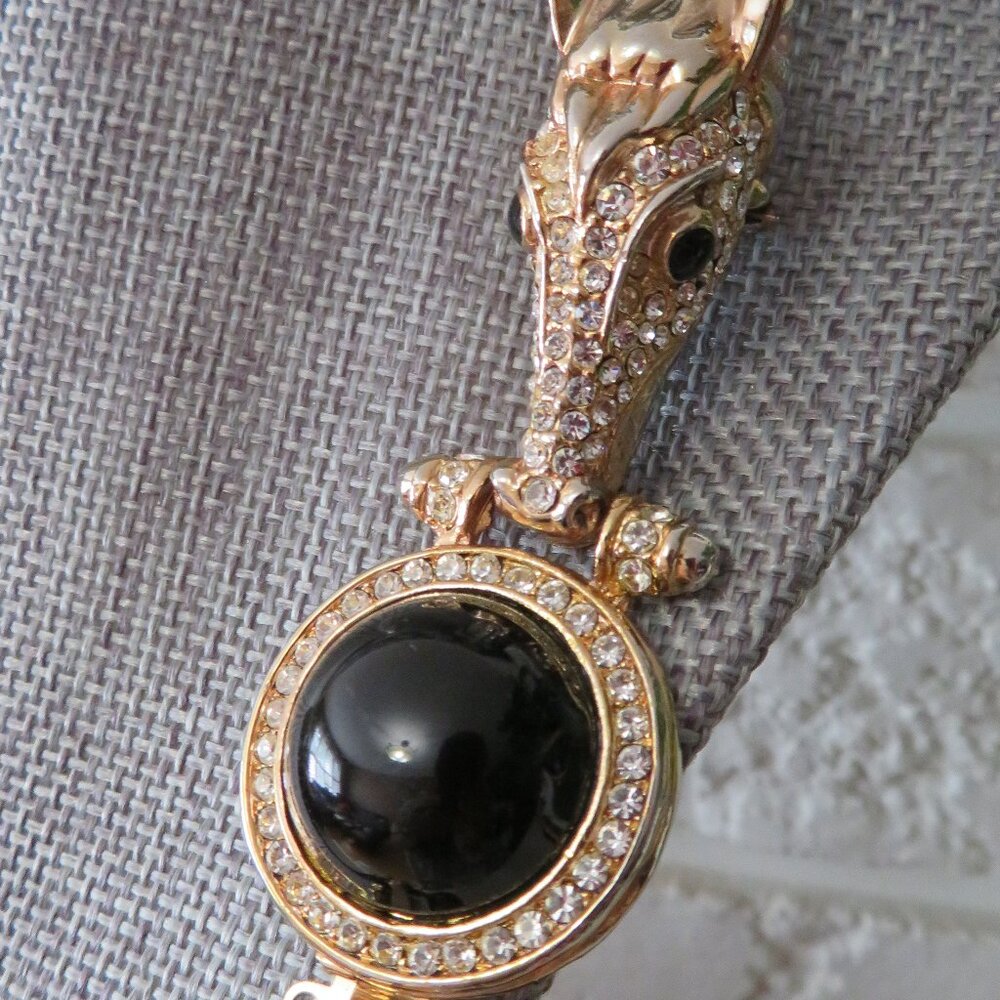 Vtg NINA RICCI Necklace, Gold Tone horse head ,brooch, black faux pearl removabl